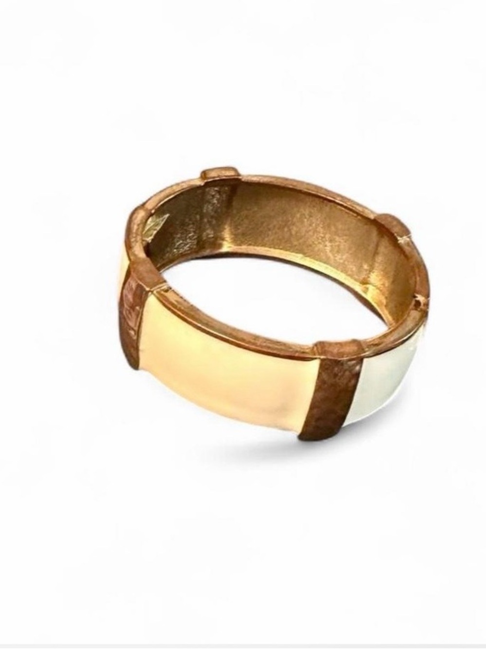 Antiqued Gold Brass & Ivory Enamel Bangle Chunky Hinged Bracelet